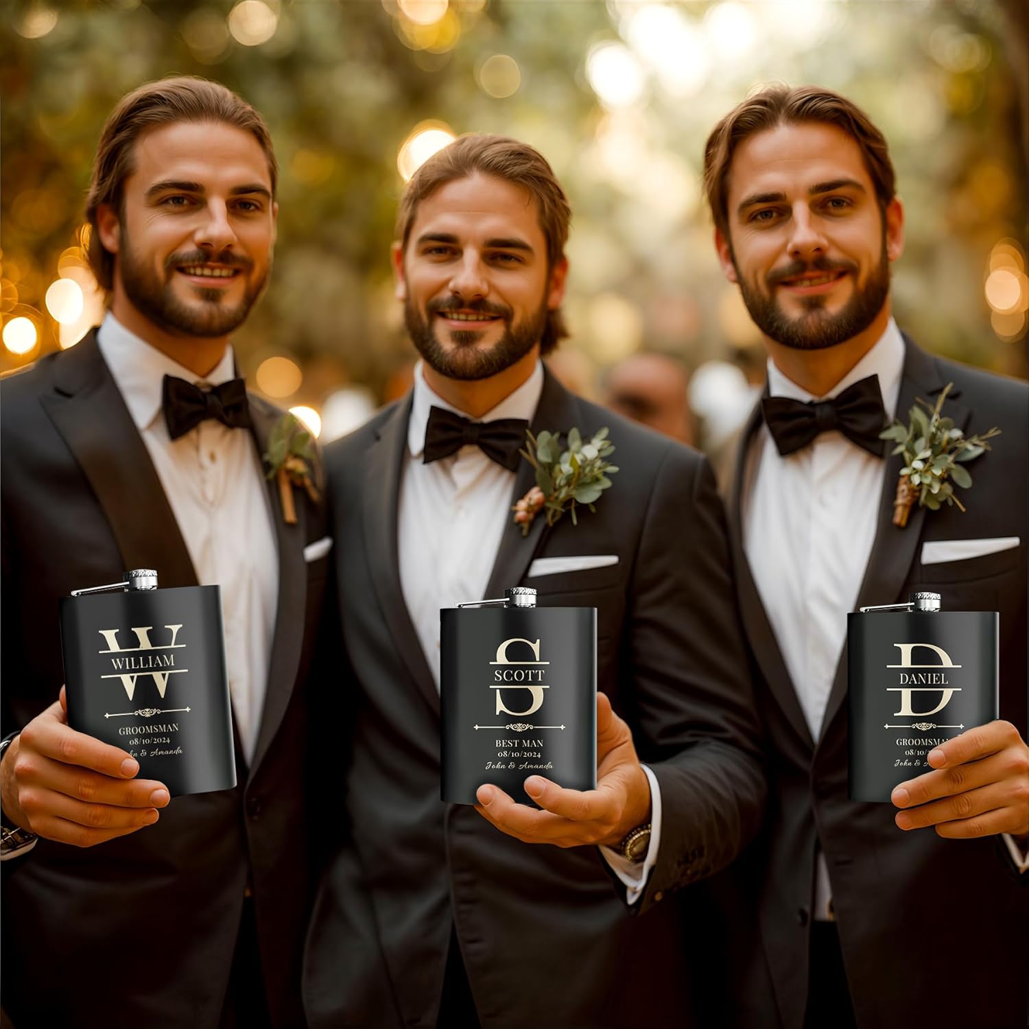 Wedding Groomsman Flask, Personalized Bestman Gift for Wedding, Custom Engraved Liquor Whiskey 304 Steel Stainless Flask for Groomsman Best Man Groom Father of Bride, Black - Fairy Wolf Creations