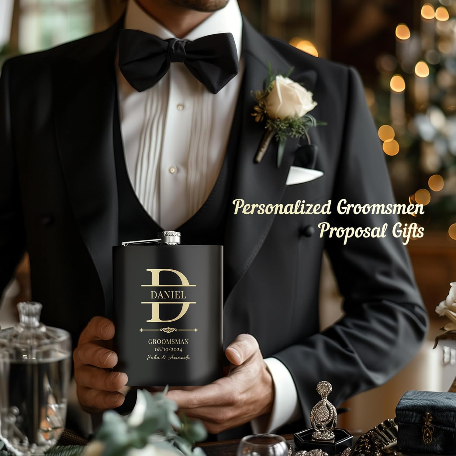 Wedding Groomsman Flask, Personalized Bestman Gift for Wedding, Custom Engraved Liquor Whiskey 304 Steel Stainless Flask for Groomsman Best Man Groom Father of Bride, Black - Fairy Wolf Creations