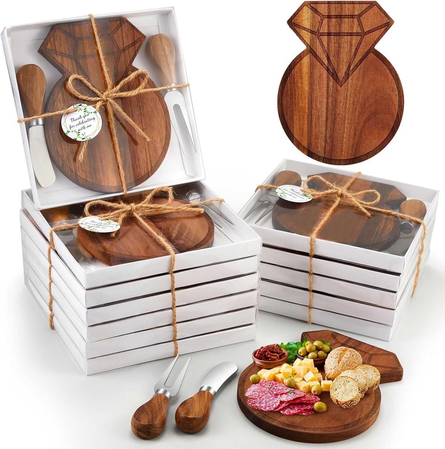 Wedding Party Gifts Wooden Diamond Shaped Charcuterie Board Cheese Board Knives Set Gifts Box with Tags for Wedding Bridal Party Favors Valentines Birthday Gifts - Fairy Wolf Creations