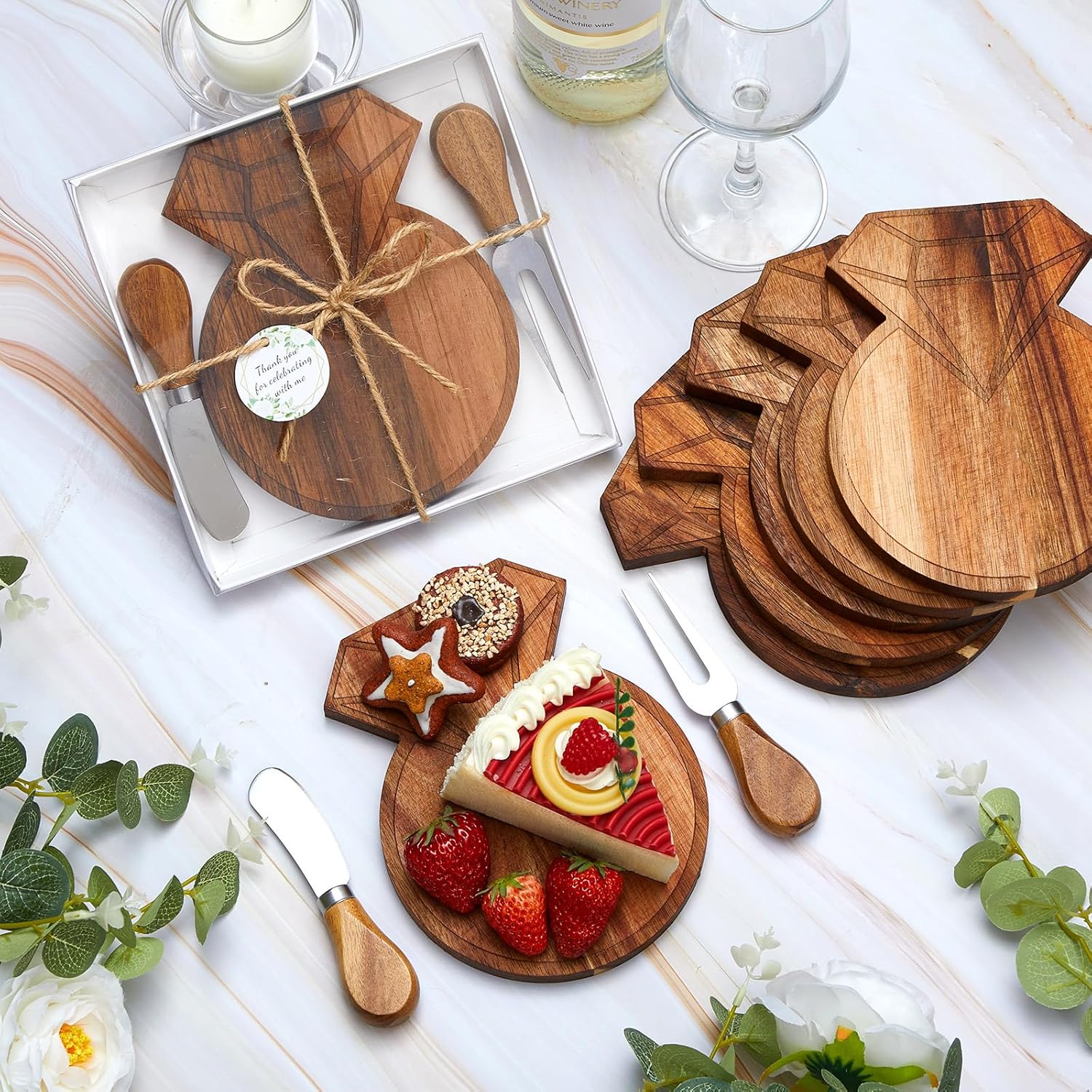 Wedding Party Gifts Wooden Diamond Shaped Charcuterie Board Cheese Board Knives Set Gifts Box with Tags for Wedding Bridal Party Favors Valentines Birthday Gifts - Fairy Wolf Creations