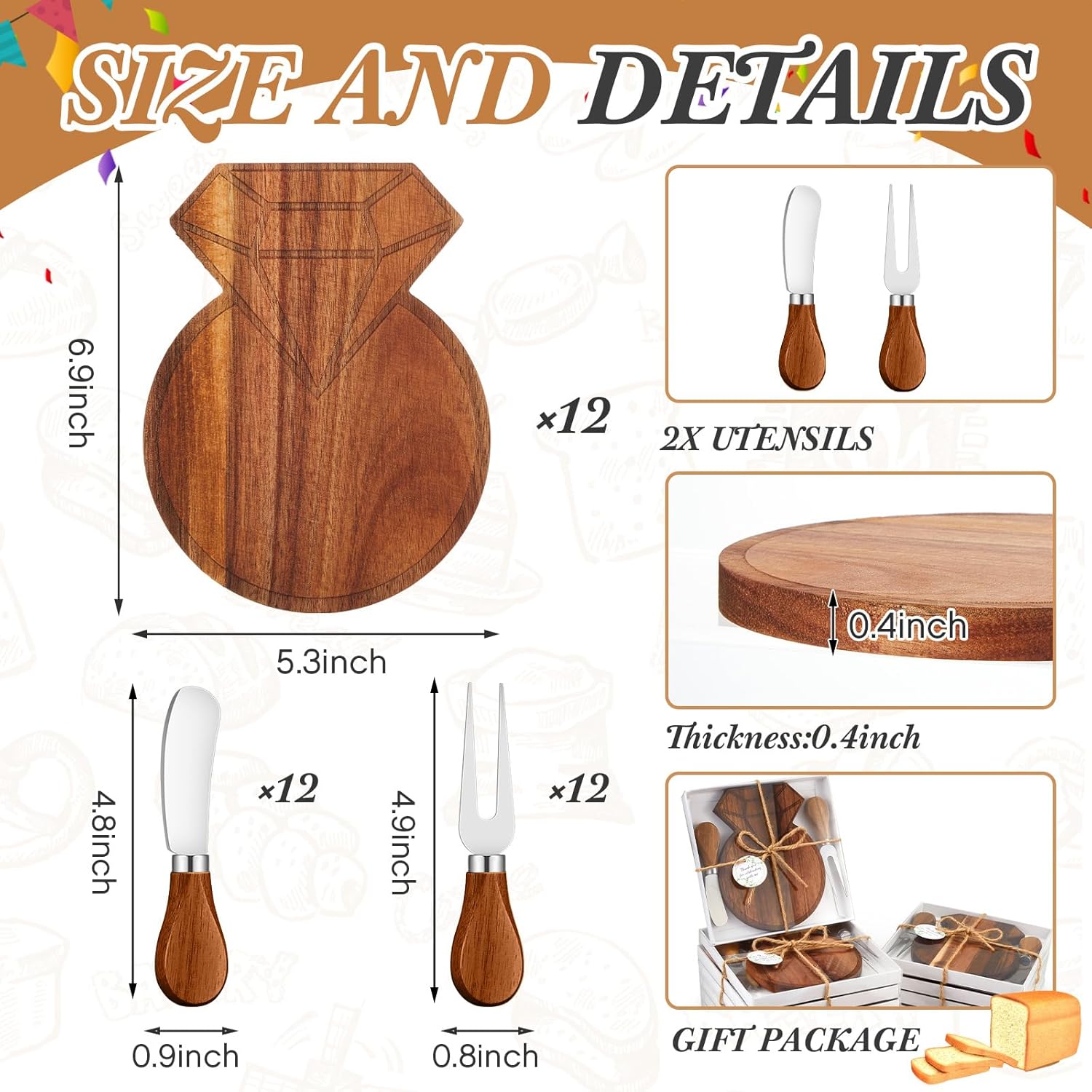 Wedding Party Gifts Wooden Diamond Shaped Charcuterie Board Cheese Board Knives Set Gifts Box with Tags for Wedding Bridal Party Favors Valentines Birthday Gifts - Fairy Wolf Creations