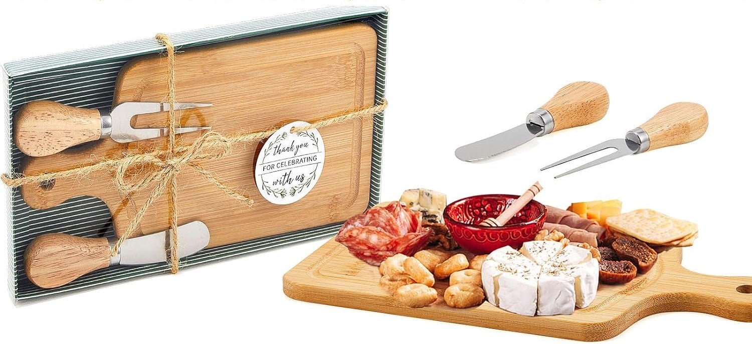 Wedding Party Gifts Wooden Square Cheese Board Gift Set Cheese Board Knives Thank You Tags with White Box for Guests for Valentine's Day Bridal Baby Shower Housewarming Gifts - Fairy Wolf Creations