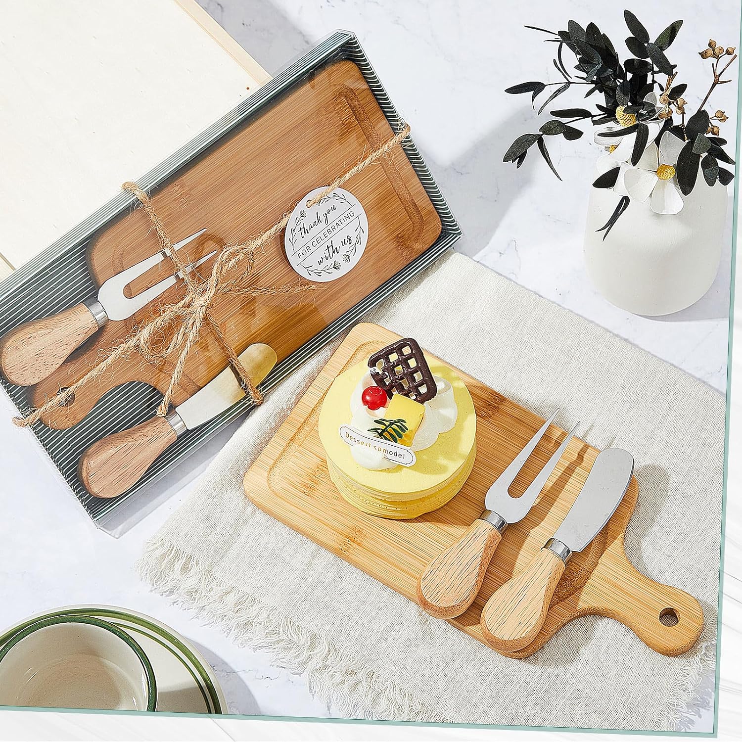 Wedding Party Gifts Wooden Square Cheese Board Gift Set Cheese Board Knives Thank You Tags with White Box for Guests for Valentine's Day Bridal Baby Shower Housewarming Gifts - Fairy Wolf Creations
