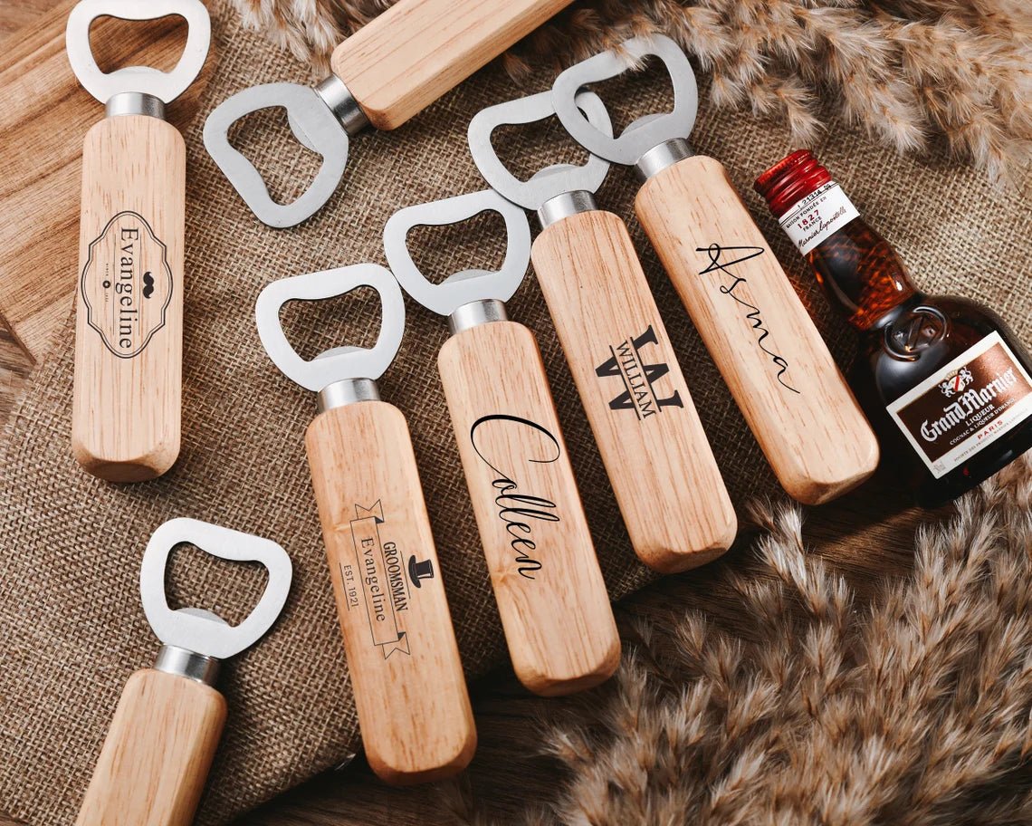 Wedding Party Gifts Wooden Bottle Opener Bartender Wood Beer Opener Cider Wine Opener Bottle Opener with Wooden Handle Engraved Gift Set for Wedding Party Home Kitchen Bar Restaurant - Fairy Wolf Creations