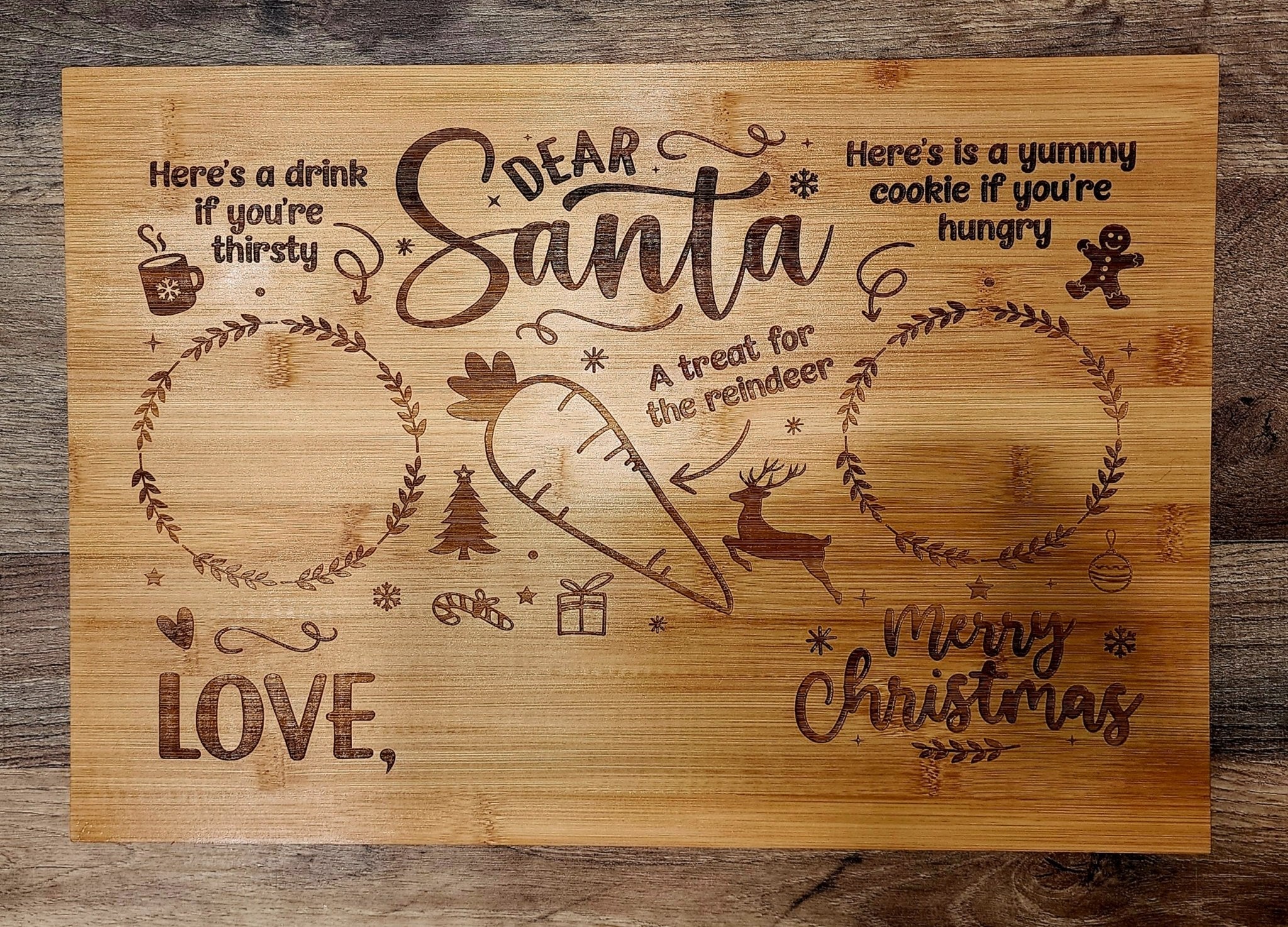 Merry Christmas (Design 1) Small Bamboo Laser Etched Cutting Board